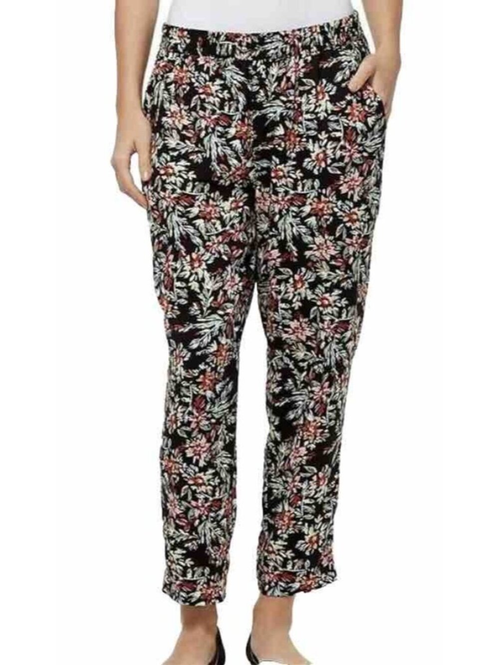 Jessica Simpson Black Floral Pull On Elastic Waist Pants Women's MEDIUM